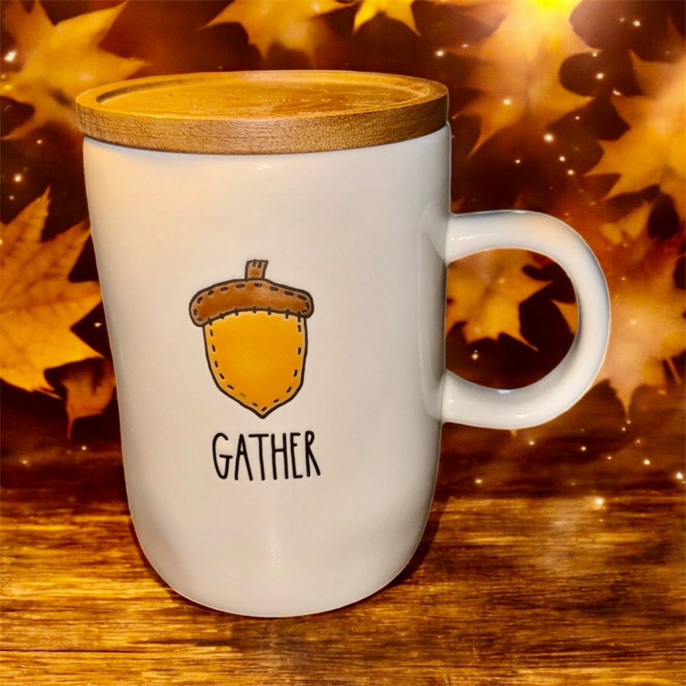 Rae Dunn Gather Thanksgiving Ceramic Mug Acorn Wooden Top Maple Leaf Embossed